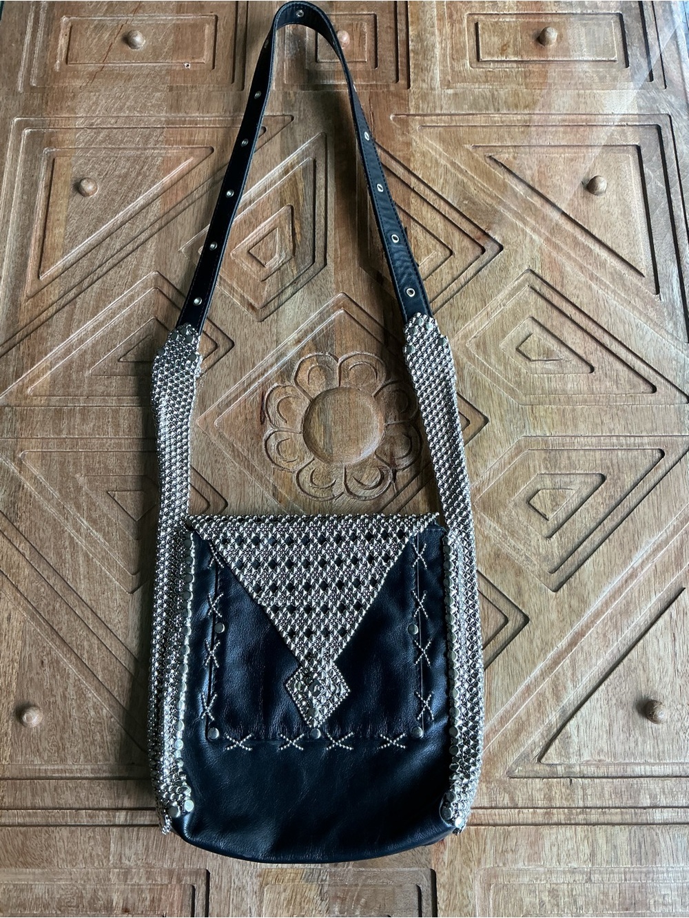 Liquid Metal by Sergio Gutierrez , Black Leather Crossbody Bag, Chrome Detail